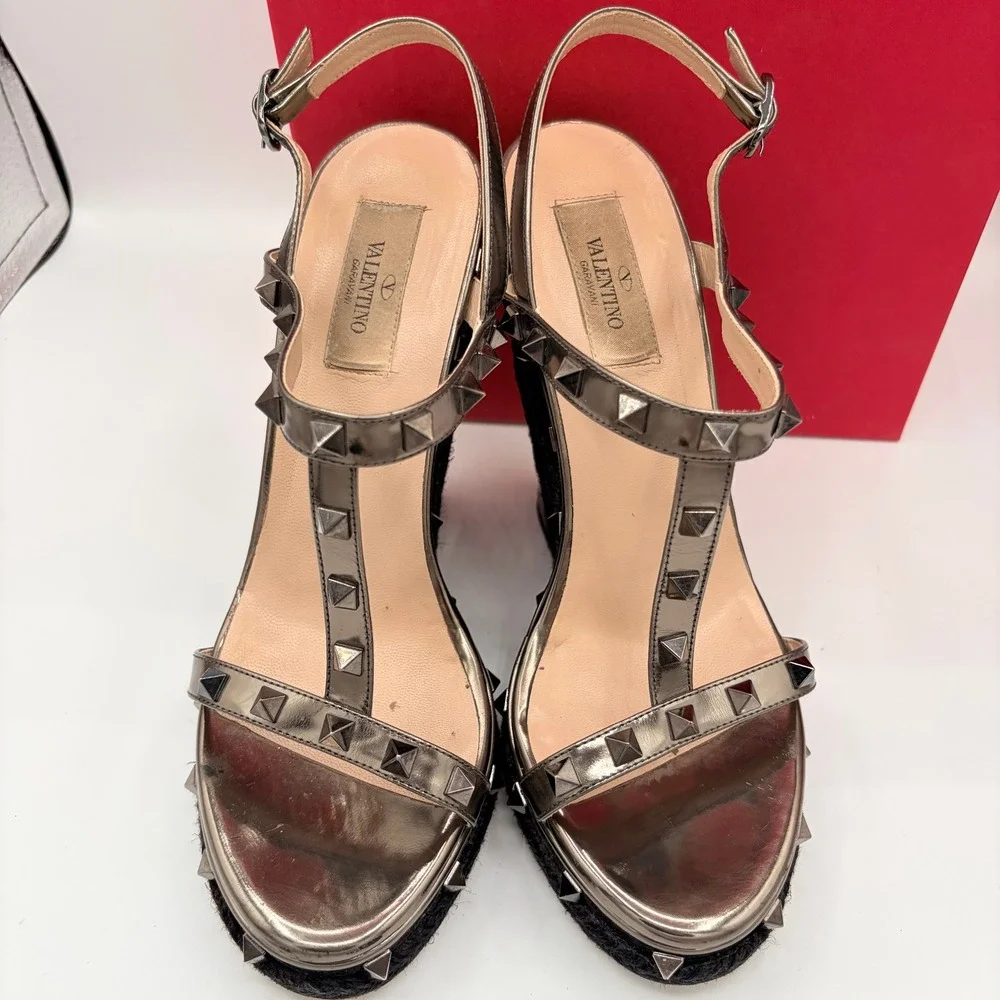 Valentino Rockstud Wedge Sandals 39.5 Gunmetal Metallic Espadrille Heels Box Bag - Picture 2 of 10